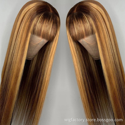 Long straight bang fringe human hair wigs, 4/27 machine wigs with bangs for black women, machine wigs for black women human hair